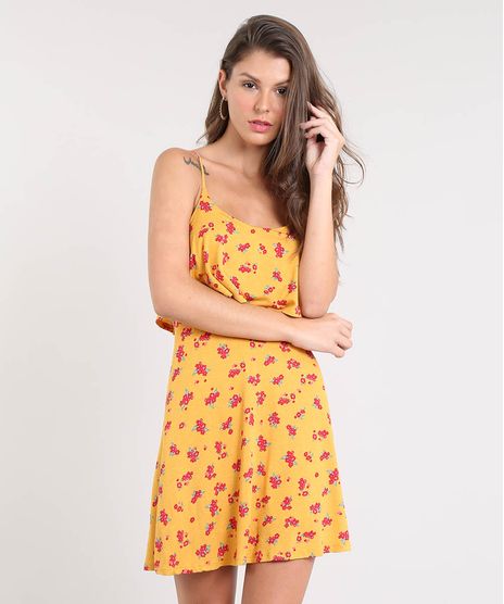 Vestido-Feminino-Curto-Evase-Estampado-Floral-com-Sobreposicao-Alca-Fina--Mostarda-9519649-Mostarda_1