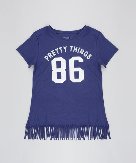 Blusa Infantil Flamê "Pretty things" com Franjas Manga Curta Azul Marinho Menor preço em Blusa Infantil Flamê "Pretty things" com Franjas Manga Curta Azul Marinho