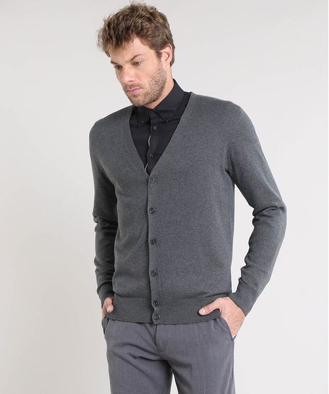 Cardigan-Masculino-Basico-em-Trico-Gola-V-Cinza-Mescla-Escuro-9329777-Cinza_Mescla_Escuro_1