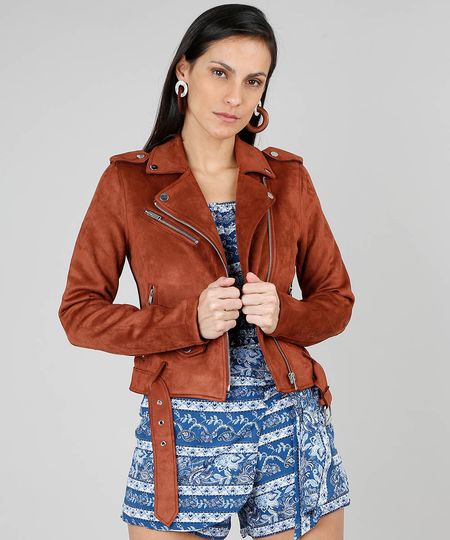 Jaqueta Feminina Biker em Suede com Bolsos Marrom Menor preço em Jaqueta Feminina Biker em Suede com Bolsos Marrom