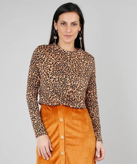Blusa Feminina Cropped Estampada Animal Print Texturizada Manga Longa Bege Menor preço em Blusa Feminina Cropped Estampada Animal Print Texturizada Manga Longa Bege