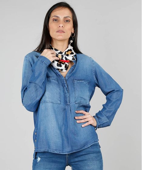 camisa de botão jeans feminina