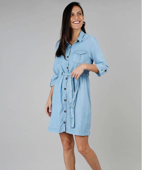 Vestido-Chemise-Feminino-Jeans-com-Bolsos-Manga-7-8-Azul-Claro-9549039-Azul_Claro_1