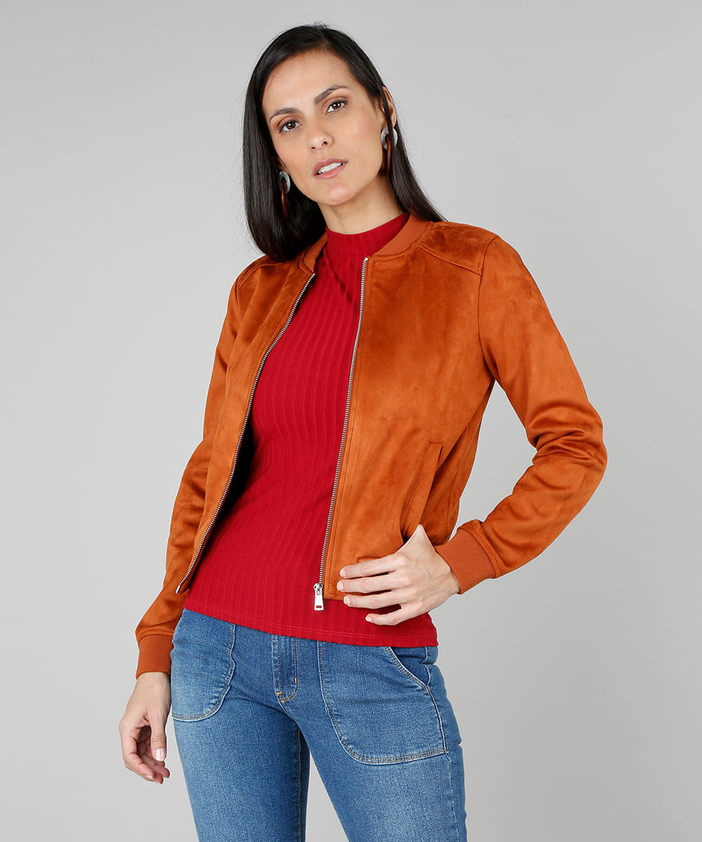 jaqueta suede caramelo feminina