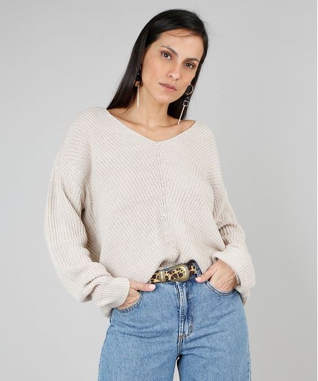 Sueter-Feminino-em-Trico-Decote-V-Kaki-9426714-Kaki_1