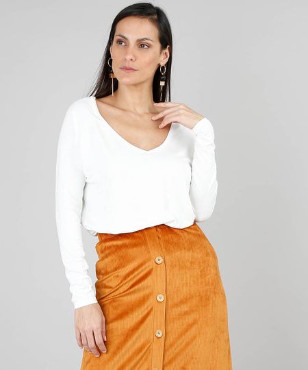 Blusa Feminina Básica Raglan Manga Longa Off White Menor preço em Blusa Feminina Básica Raglan Manga Longa Off White