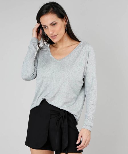 Blusa Feminina Básica Raglan Manga Longa Cinza Mescla Claro Menor preço em Blusa Feminina Básica Raglan Manga Longa Cinza Mescla Claro