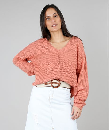 Sueter-Feminino-em-Trico-Decote-V-Coral-9426714-Coral_1