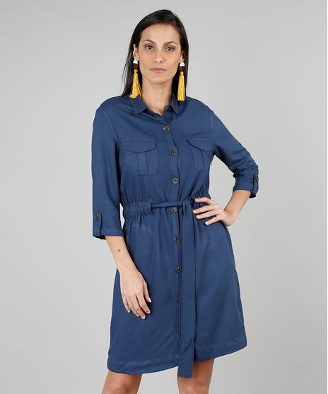 Vestido-Chemise-Feminino-com-Bolsos-Manga-7-8-Azul-Marinho-9549040-Azul_Marinho_1