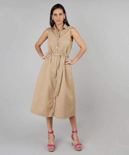 Vestido Feminino Midi em Sarja Sem Manga Kaki Menor preço em Vestido Feminino Midi em Sarja Sem Manga Kaki