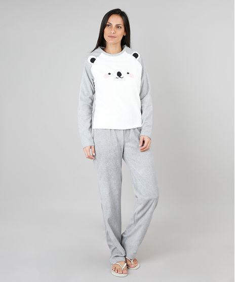 Pijama-de-Inverno-Feminino-em-Fleece-Urso-Polar-Manga-Longa-Cinza-9370777-Cinza_1