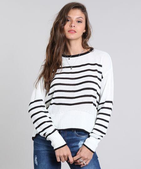 Suéter Feminino Mullet em Tricô Listrado Branco Menor preço em Suéter Feminino Mullet em Tricô Listrado Branco
