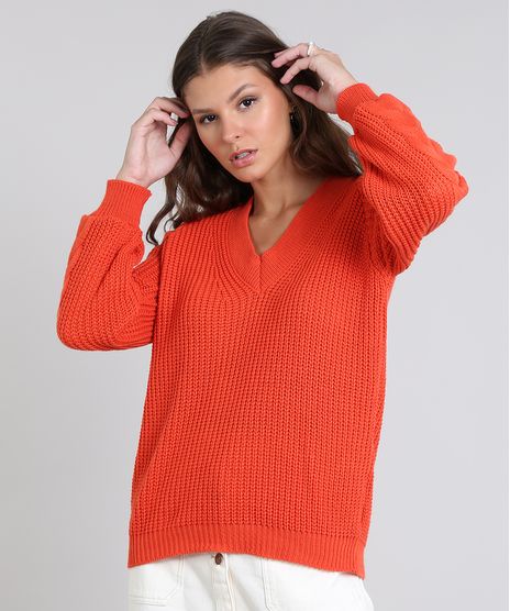 Sueter-Feminino-em-Trico-Decote-V-Laranja-9492615-Laranja_1
