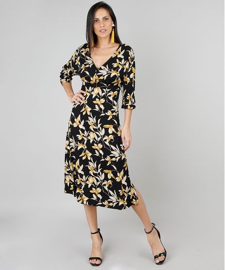 Vestido-Feminino-Midi-Estampado-Floral-Manga-3-4-Preto-9444185-Preto_1