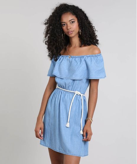 Vestido-Jeans-Feminino-Ombro-a-Ombro-com-Babado-e-Cinto-Azul-Claro-9536744-Azul_Claro_1