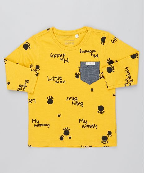 Camiseta-Infantil-Estampada--Little-man--Flame-Bolso-Manga-Curta-Mostarda-9520585-Mostarda_1