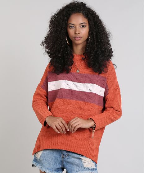 Sueter-Feminino-Listrado-em-Trico-Manga-Longa-Laranja-9356817-Laranja_1