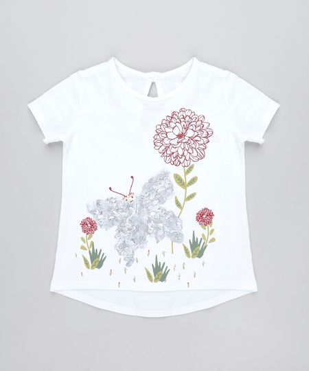 Blusa Infantil Borboleta Texturizada Manga Curta Off White Menor preço em Blusa Infantil Borboleta Texturizada Manga Curta Off White