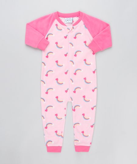 Macacão Pijama Infantil em Fleece Estampado de Arco-Íris com Zíper Rosa Claro Menor preço em Macacão Pijama Infantil em Fleece Estampado de Arco-Íris com Zíper Rosa Claro