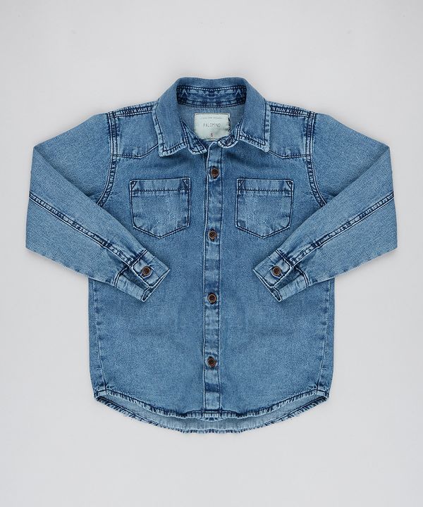 Camisa Jeans Infantil com Bolsos Manga Longa Azul Médio 12