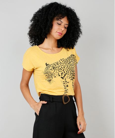 Blusa-Feminina-Botone-com-Estampa-de-Onca-Manga-Curta-Mostarda-9511440-Mostarda_1