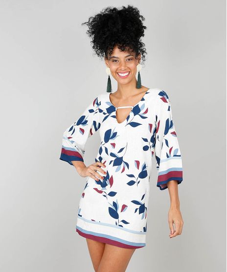 Vestido-Feminino-Estampado-de-Folhagem-Manga-3-4-Bege-Claro-9504422-Bege_Claro_1
