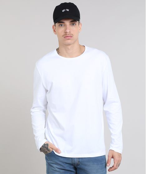 Camiseta Masculina Basica Gola Careca Manga Longa Branca Cea