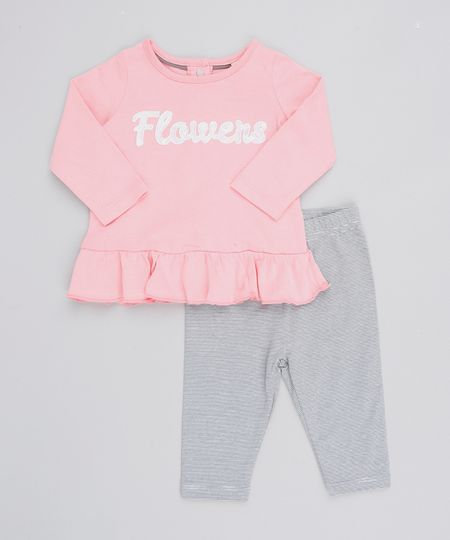 Conjunto Infantil Blusa "Flowers" Manga Longa + Calça Listrada Azul Marinho Menor preço em Conjunto Infantil Blusa "Flowers" Manga Longa + Calça Listrada Azul Marinho