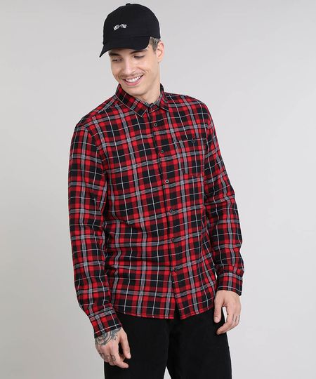 Camisa-Masculina-Estampada-Xadrez-com-Bolso-Manga-Longa-Vermelha-9367625-Vermelho_1