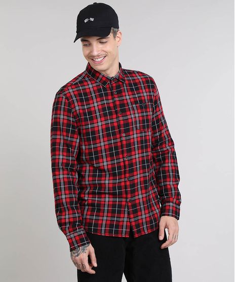 Camisa-Masculina-Estampada-Xadrez-com-Bolso-Manga-Longa-Vermelha-9367625-Vermelho_1