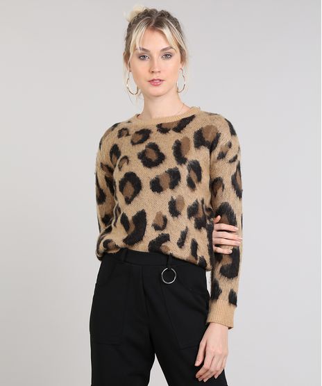 Sueter-Feminino-em-Trico-Estampado-Animal-Print-Decote-Redondo-Bege-9431369-Bege_1
