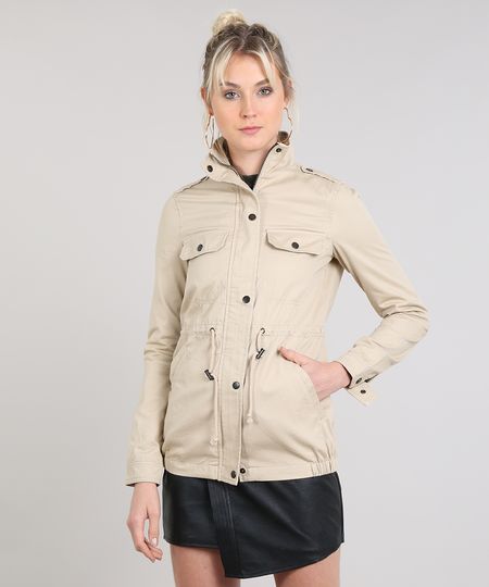 Jaqueta-de-Sarja-Feminina-Gola-Alta-com-Botoes-Bege-9361544-Bege_1