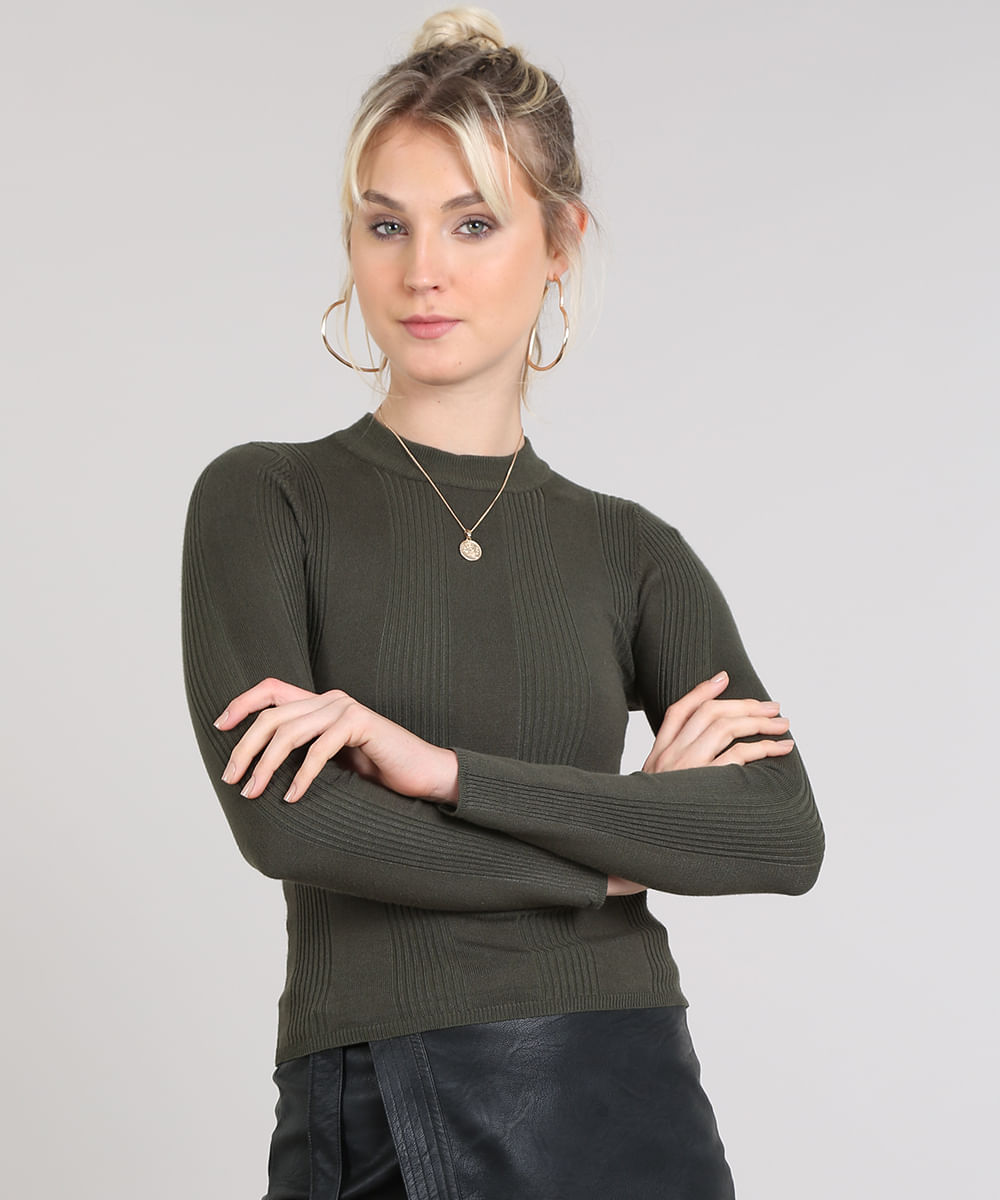 Blusa Feminina Básica em Tricô Manga Longa Verde Militar