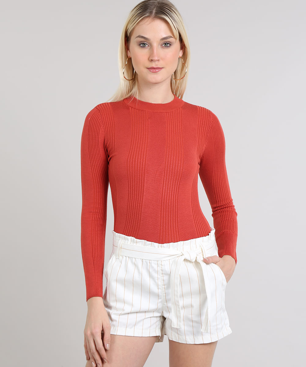 suéter básico de tricot canelado - terracota