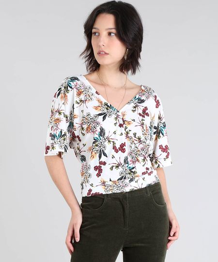 Blusa Feminina Transpassada Estampada Floral Manga Curta Off White Menor preço em Blusa Feminina Transpassada Estampada Floral Manga Curta Off White