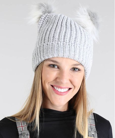 Gorro-Feminino-em-Trico-com-Pompons-Cinza-Mescla-9398757-Cinza_Mescla_1