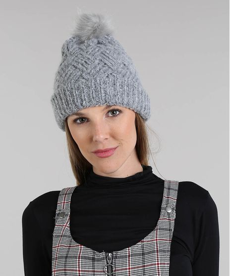 Gorro-Feminino-em-Trico-com-Pompom-Cinza-Mescla-9398755-Cinza_Mescla_1