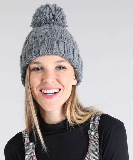 Gorro-Feminino-em-Trico-com-Pompom-Cinza-9398746-Cinza_1