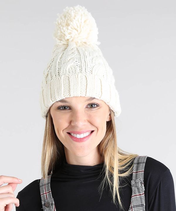 Gorro Feminino em Tricô com Pompom Off White Único