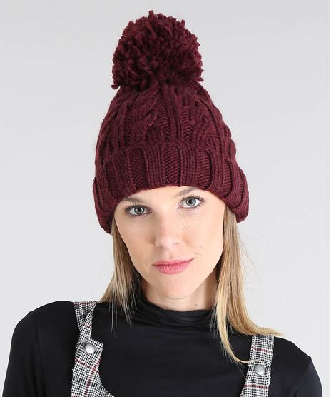 Gorro-Feminino-em-Trico-com-Pompom-Vinho-9398748-Vinho_1