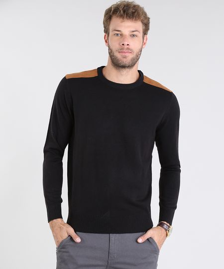Sueter-Masculino-em-Trico-com-Suede-Preto-8850660-Preto_1 Sueter-Masculino-em-Trico-com-Suede-Preto-8850660-Preto_1