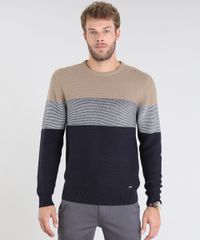Sueter-Masculino-em-Trico-Listrado-Gola-Redonda-Bege-9327992-Bege_1