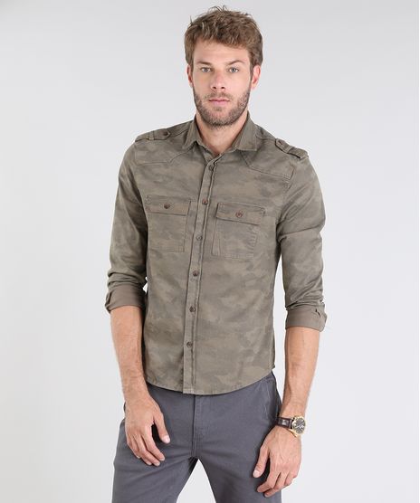 Camisa-Masculina-Comfort-Estampada-Camuflagem-com-Bolsos-e-Martingale-Manga-Longa-Verde-Militar-9519701-Verde_Militar_1