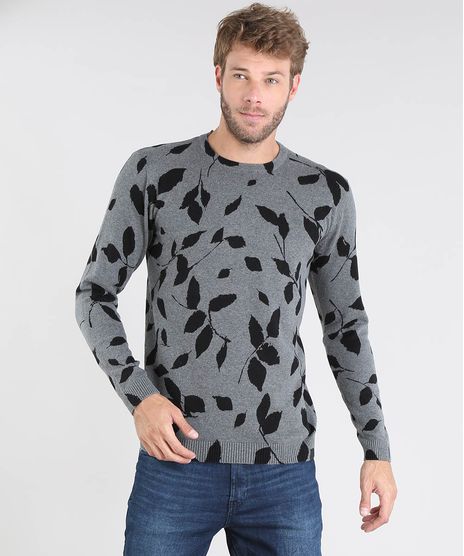 Sueter-Masculino-em-Trico-Estampado-de-Folhagem-Slim-Fit-Cinza-Mescla-9360768-Cinza_Mescla_1
