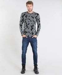 Sueter-Masculino-em-Trico-Estampado-de-Folhagem-Slim-Fit-Cinza-Mescla-9360768-Cinza_Mescla_3