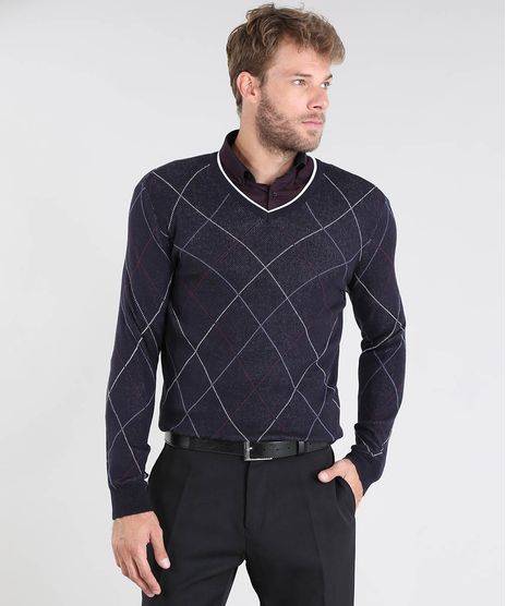 Sueter-Masculino-em-Trico-Estampado-Xadrez-Argyle-Gola-V-Azul-Marinho-9381868-Azul_Marinho_1