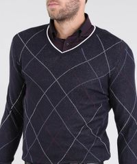 Sueter-Masculino-em-Trico-Estampado-Xadrez-Argyle-Gola-V-Azul-Marinho-9381868-Azul_Marinho_4