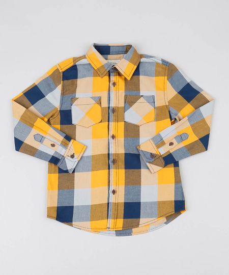Camisa-Infantil-Estampada-Xadrez-com-Bolsos-Manga-Longa-Mostarda-9387646-Mostarda_1