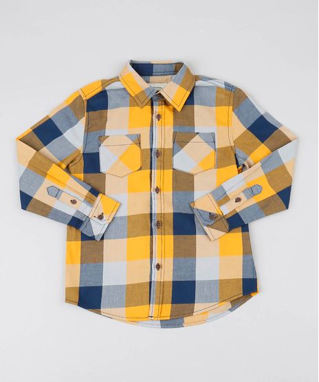 Camisa-Infantil-Estampada-Xadrez-com-Bolsos-Manga-Longa-Mostarda-9387646-Mostarda_1