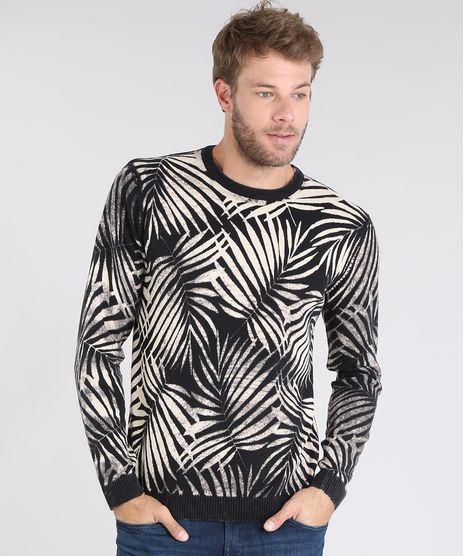 Sueter-Masculino-em-Trico-Estampado-de-Folhagem-Slim-Fit-Preto-9360769-Preto_1
